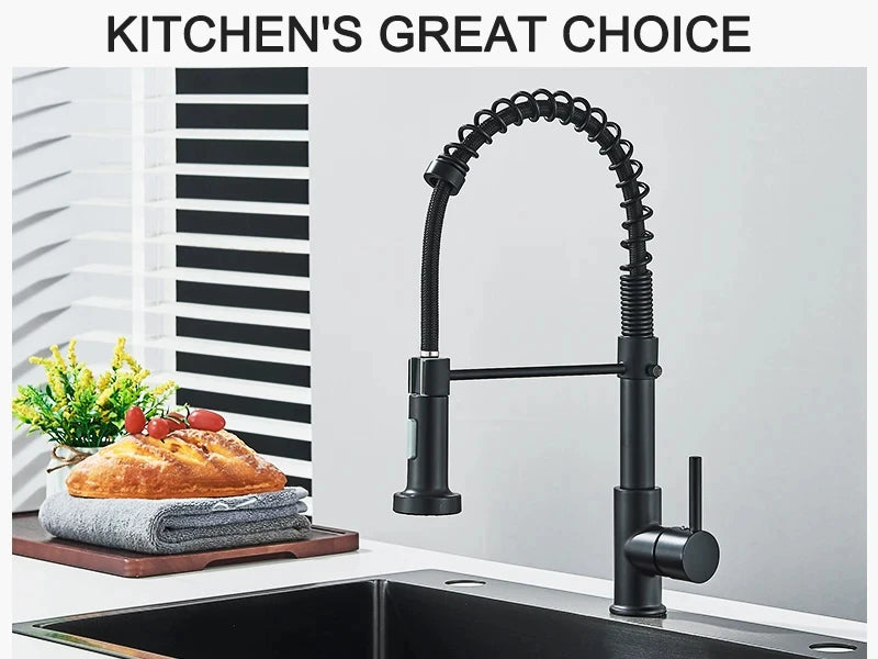 Black kitchen faucet, stainless steel mixer faucet, 360-degree rotating spray nozzle, kitchen sink, hot and cold water faucet.