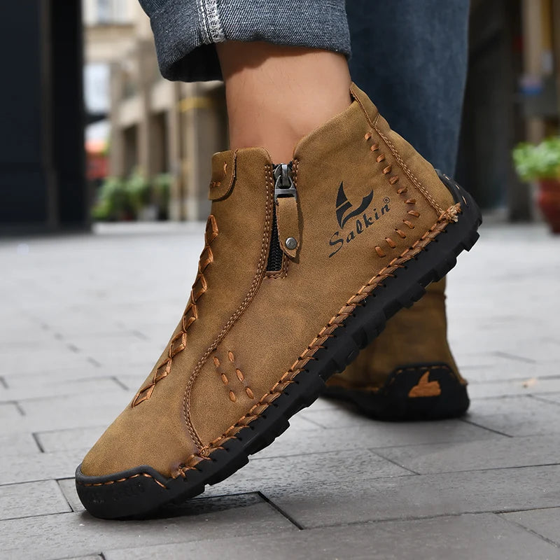 Handmade Leather Casual Shoes For Men Sneakers Men Flat Footwear Zipper Leather Boots Men Ankle Plus Size 39-48