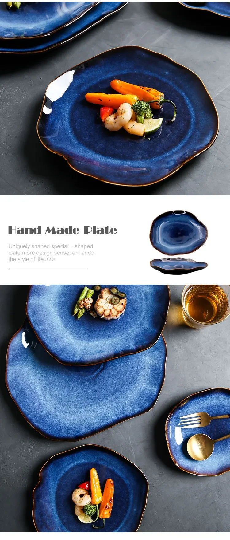 Ceramic Plates Deep Blue Irregular Flat Plate Pottery Dish Household Decoration Tableware Dinnerware Tray Hotel Kitchen Supplies