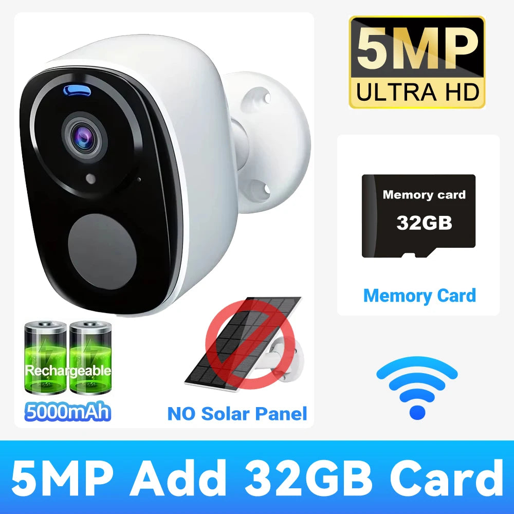 2K 5MP Solar Security Camera Wireless Outdoor Color Night Vision Battery Powered Support 2.4G WiFi, PIR, Waterproof, 2-Way Alexa