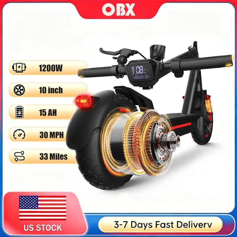 1200W Off-Road Electric Scooter for Adults 48V Long Range 30mph Fast Speed 10'' Pneumatic Tire Foldable Dual Suspensions Scooter