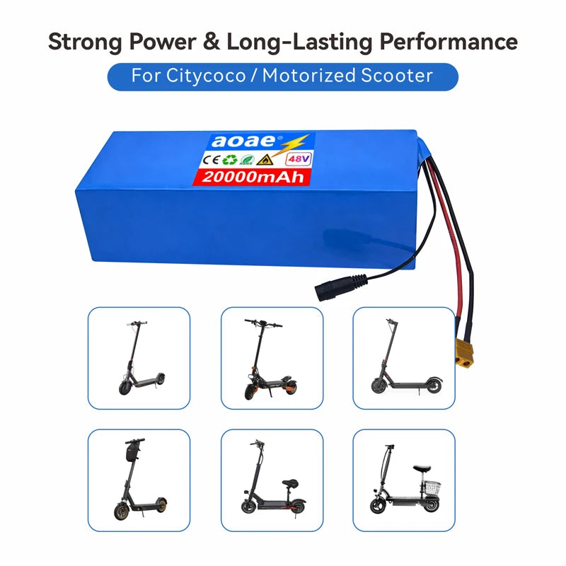 48V Electric Scooter Battery 13S5P 20Ah 18650 Grade-A Cells 2000W Built-in BMS XT60 JST High Capacity Long Range Safe & Durable