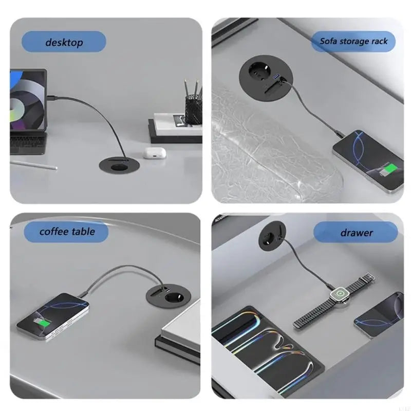 Embedded Round European Socket With 70cm Retractable Cable For Desk Installation And Fast Charging K1KF