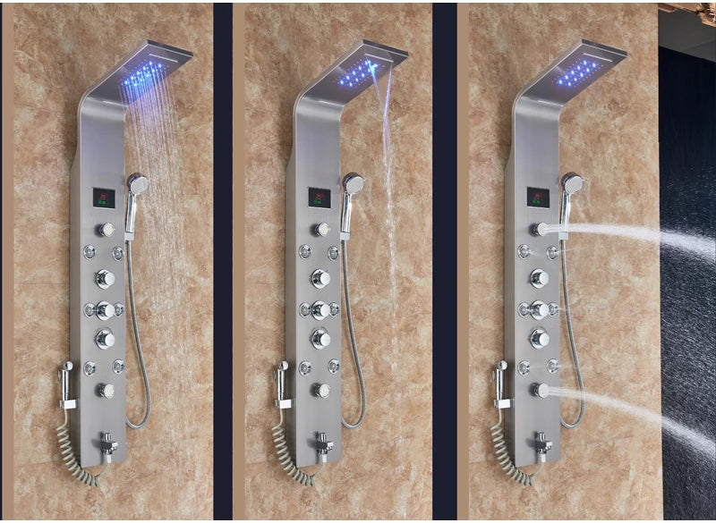 LED Light Bathroom Shower Panel Intelligent LCD Shower Column System with 6 Modes Rain Waterfall Massage Jet Bath Mixer Tap