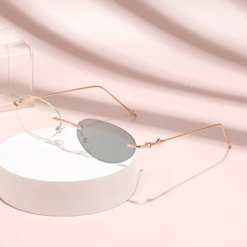 Small Oval Photochromic Myopia Glasses Women Men Fashionable Frameless Minus Diopter Glasses Trendy Outdoor Eyewear0-1.0-4.0