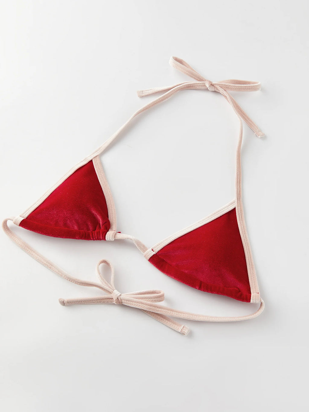 Women's Summer Beach Bikini Set Burgundy Velvet Pink Contrast Trim Triangle Top Halter Neck Thong Bottom