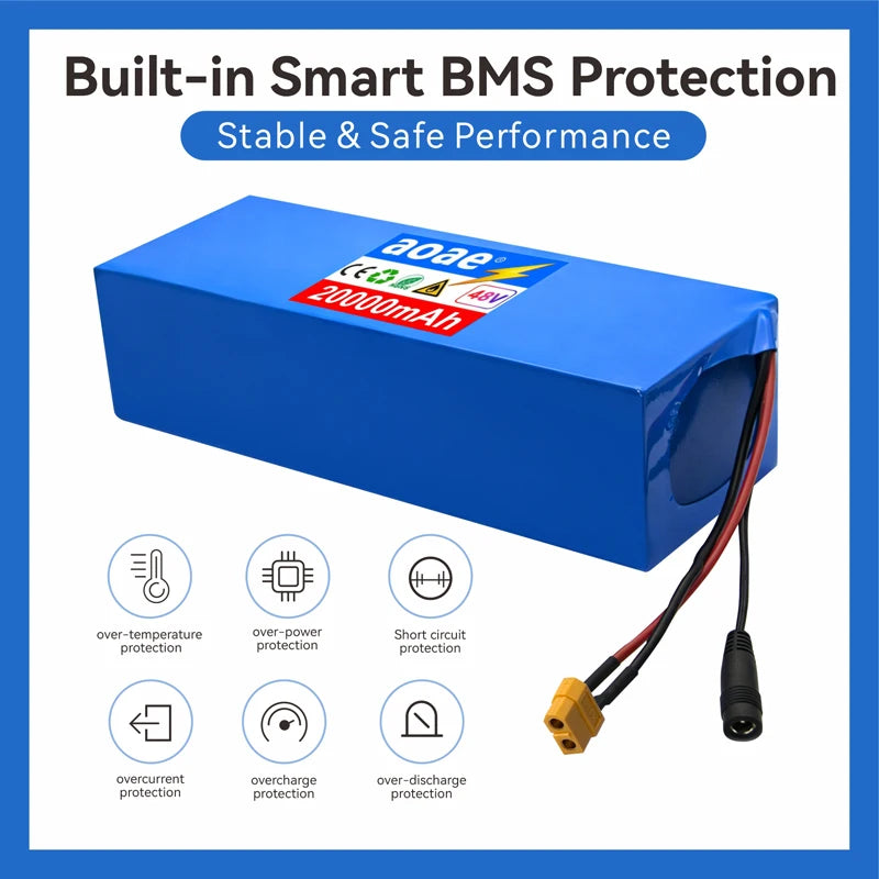 48V Electric Scooter Battery 13S5P 20Ah 18650 Grade-A Cells 2000W Built-in BMS XT60 JST High Capacity Long Range Safe & Durable