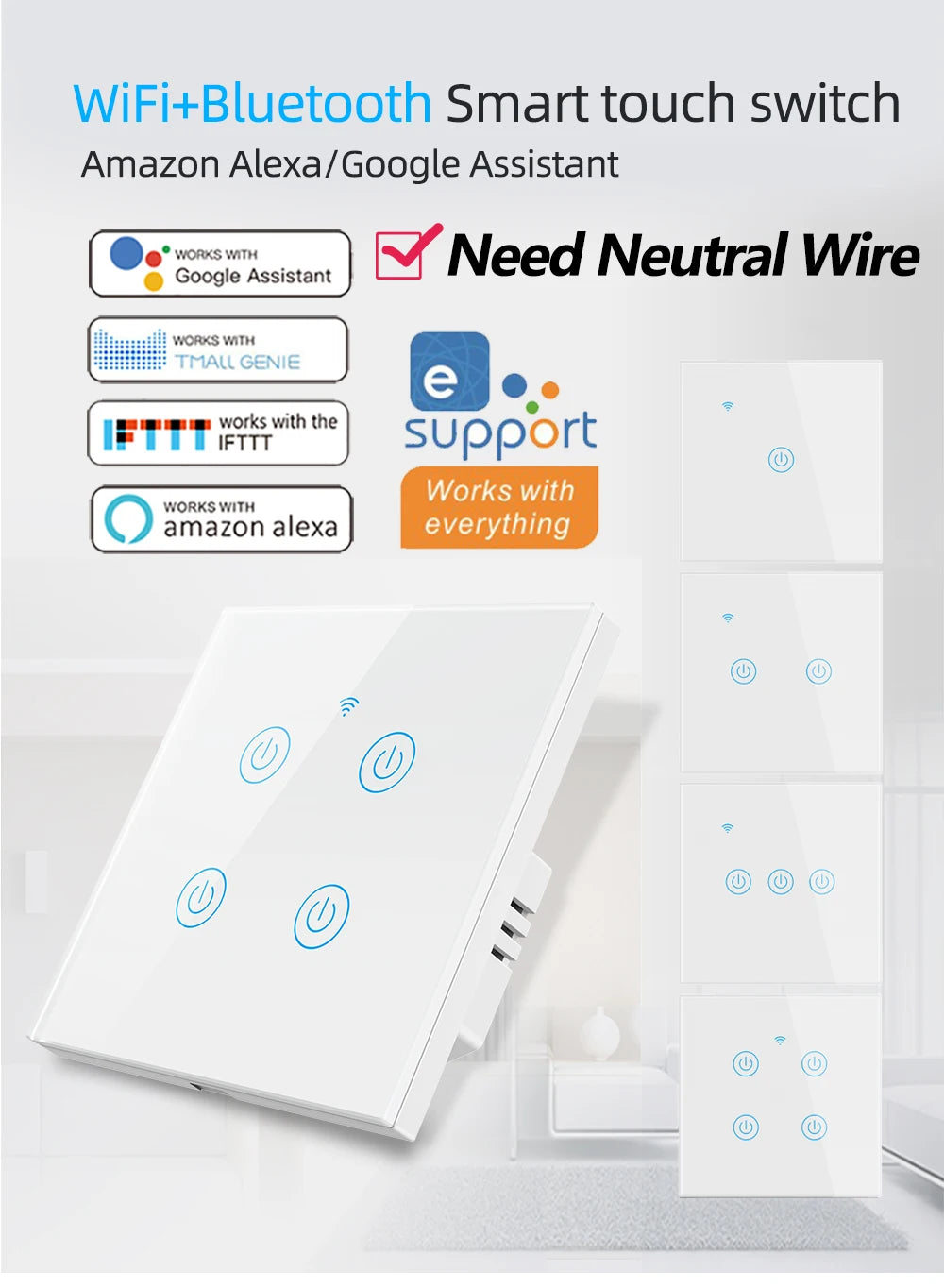 Smart WiFi Switch  Remote Control Touch Panel Light Switch No Neutral Wire Voice Control Timer Smart Home Switch