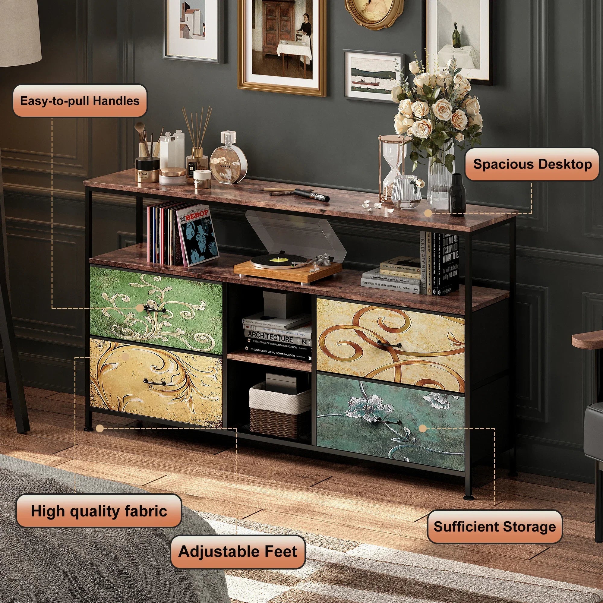 Rosahqnda TV stand with 4 drawers, TV cabinet, , adjustable shelves, TV table, TV cabinet living room furniture