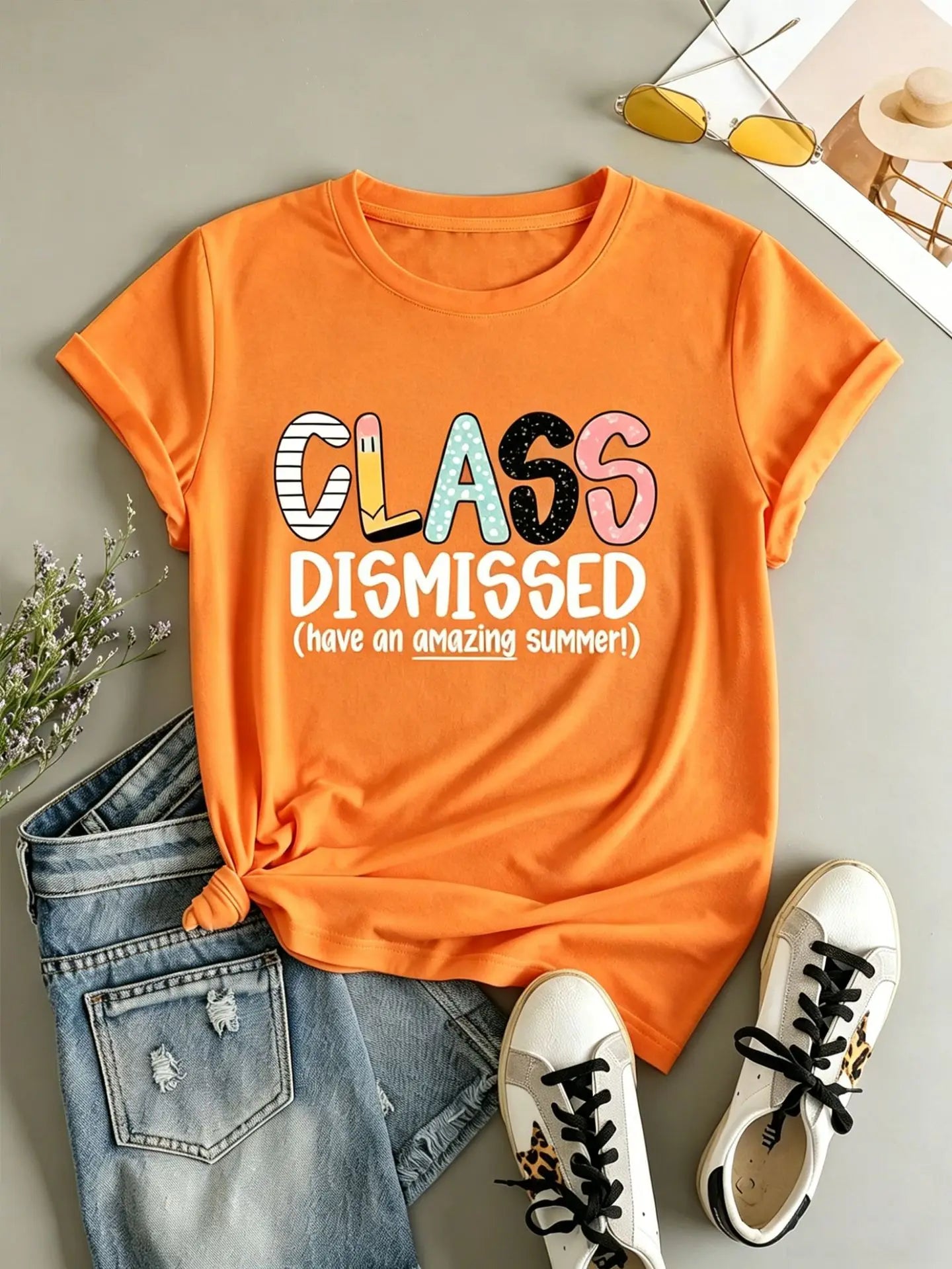 American Style Short Sleeve T-Shirt Women's Letter Print Slimming Fashionable Cross-Border Shoulder Length round Neck Top