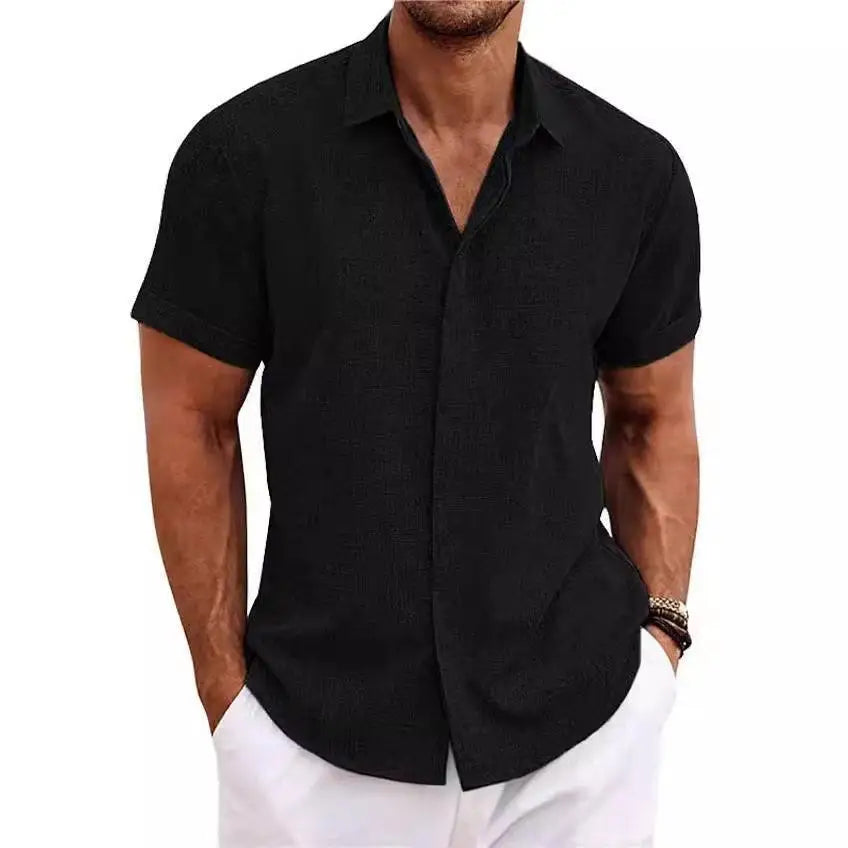 Men's Casual Beach Lightweight Linen Sve Shirt Color Standard Fit Short Sleeve Cleanfit PU Leather Inner Wear Pure Color