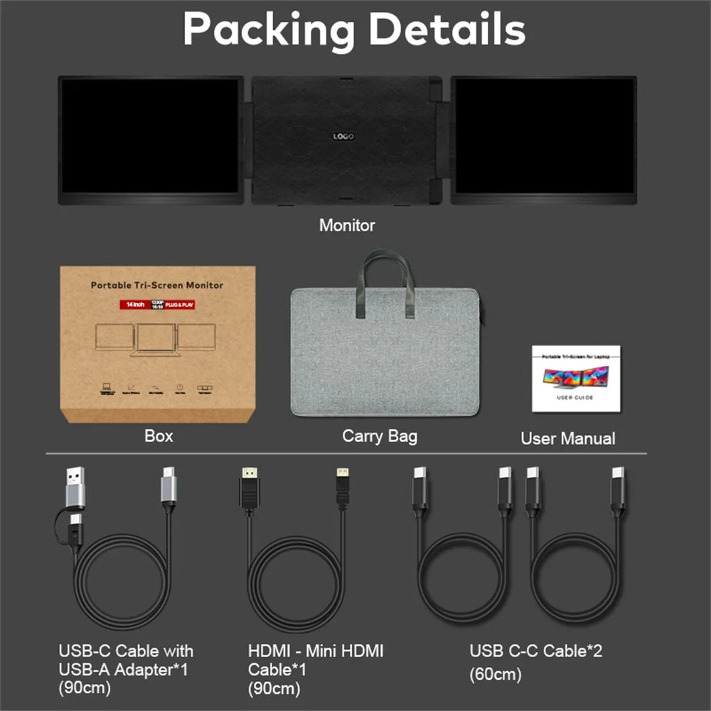 Rospider 14 Inch Portable Dual IPS Laptop Monitor Extended High-Definition Triple Expandable PC LCD Screen Extender