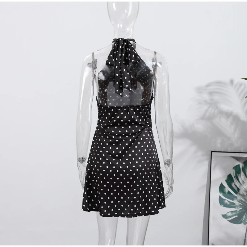 Fashion Lace Up Polka Dot Mini Dress Women Square Collar Short Sleeve Satin Party Dresses2026 Summer Lady Elegant Beach Robe New