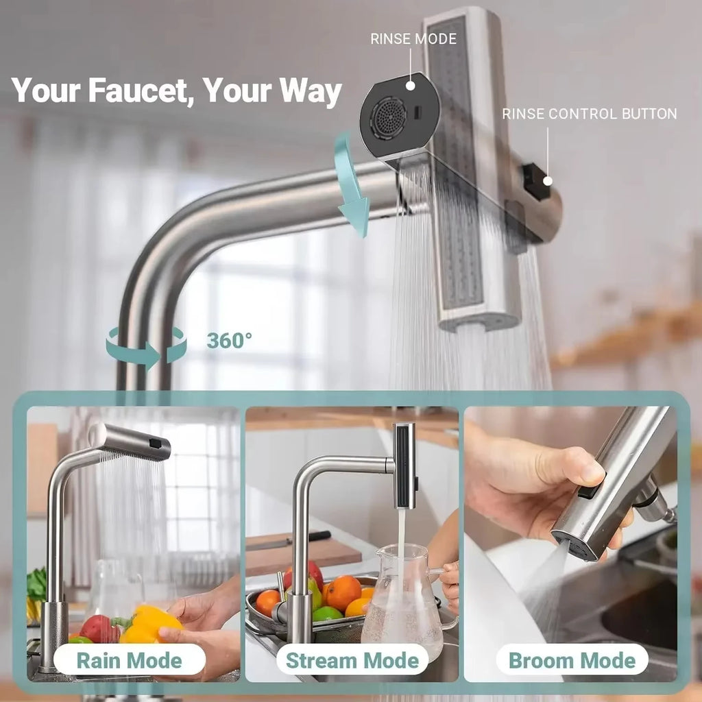 Kitchen Pull-out Flying Rain Waterfall Faucet Hot and Cold Faucet 304 Stainless Steel Single Hole Kitchen Faucet Bathroom