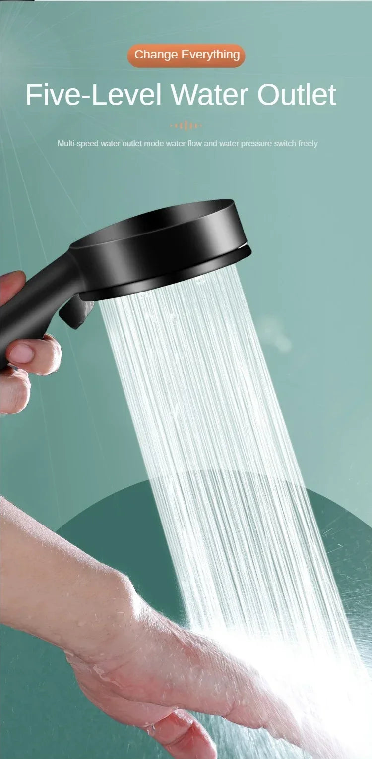 High-Pressure Handheld Shower Head with Stand and Hose - 5 Adjustable Water Flow Modes, Round Plastic Bathroom Accessory