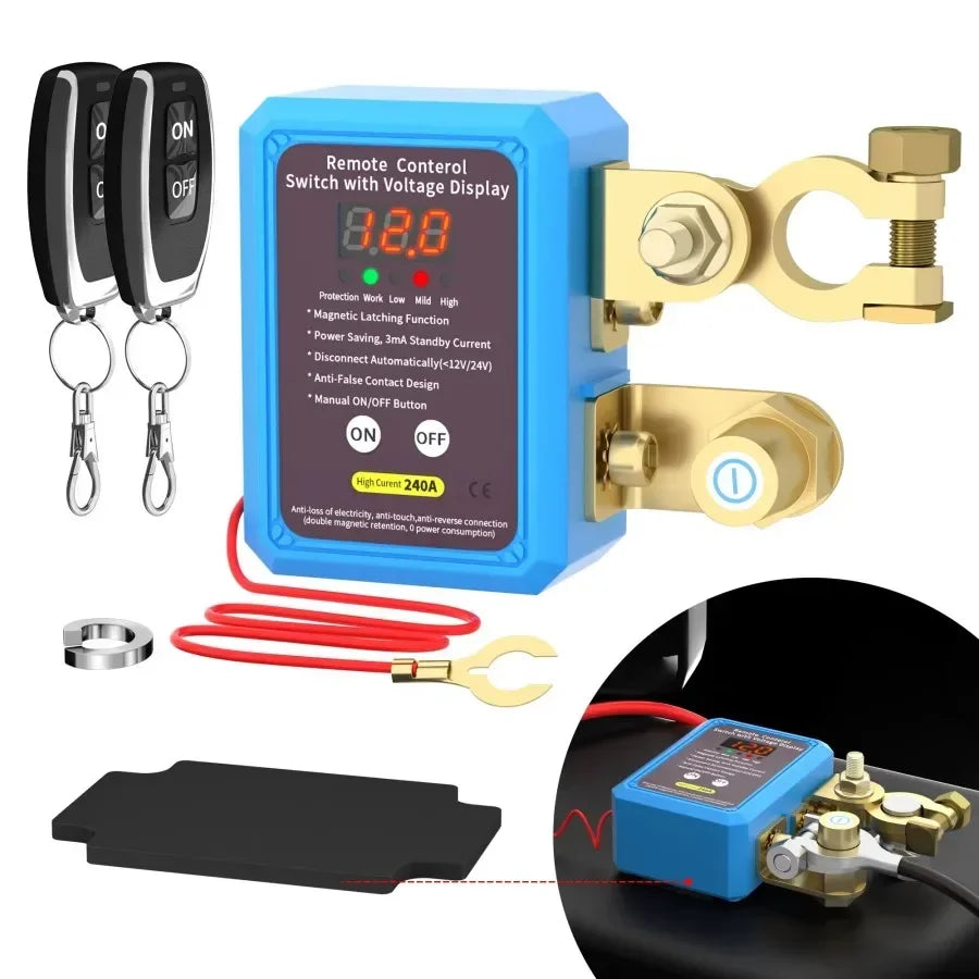 Auto Battery Master Switch with Remote, 240A Kill Switch 12V Remote Battery Disconnect Switch with Led Voltage Display Automatic
