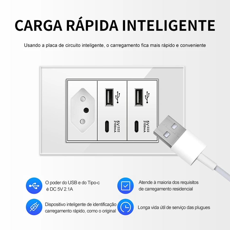 PSSRISE White Tempered Glass Standard sockets and switches brazil Switzerland Usb Type C Wall Socket Light Switch Smart Switch