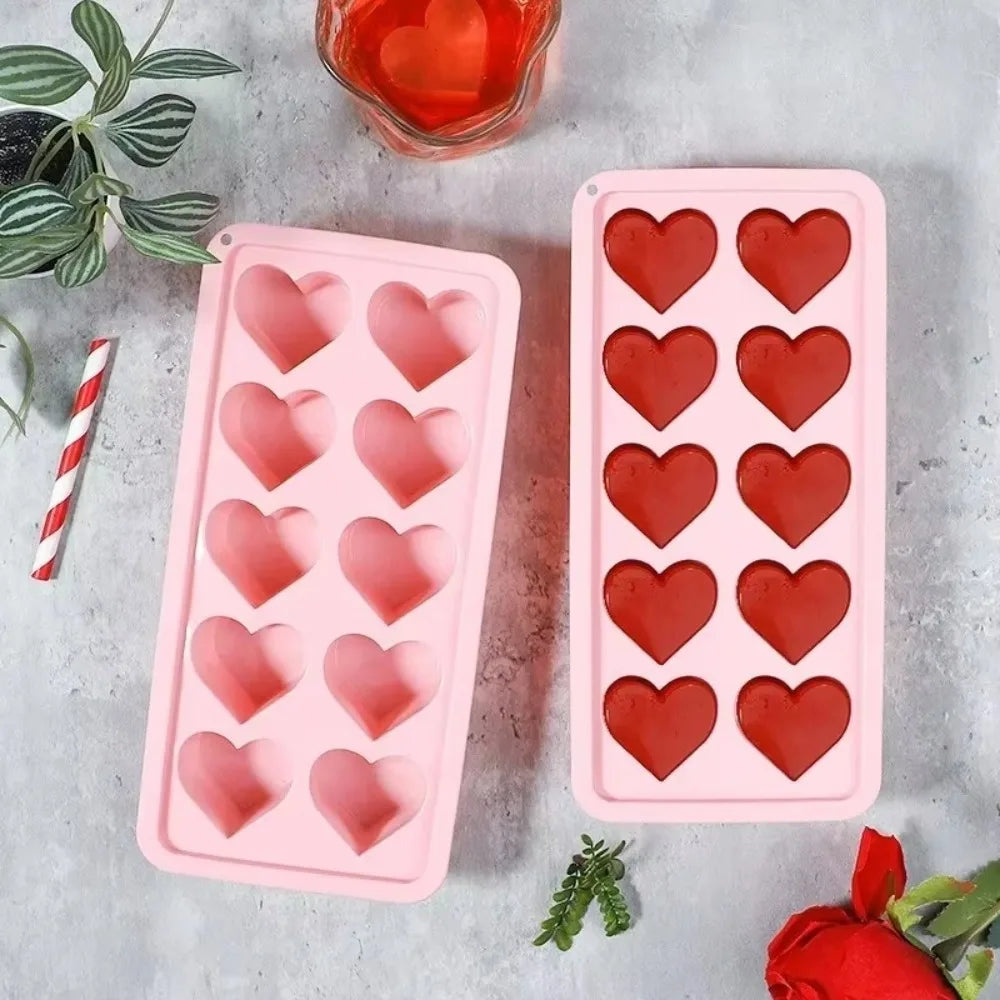 New 3D Love Heart Ice Tray Silicone Pink Blue Red Ice Cube Mold 10 Compartment Easy Release Cupcake Mold Kitchen Gadgets