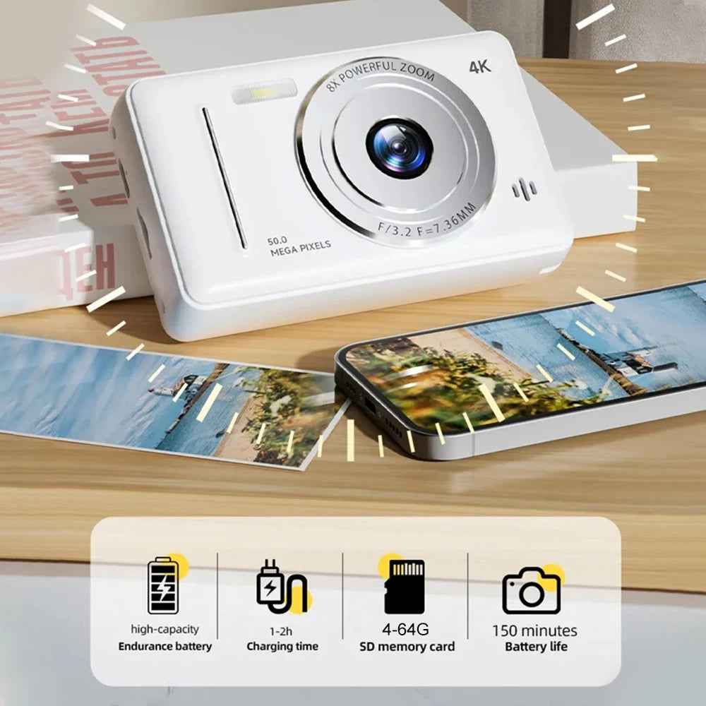 4k Digital Camera IPS HD 50MP CCD Camera 2.4" Autofocus Vlogging Student Camcorder 8X Dual Cam and LED Flash Video Photo Filming