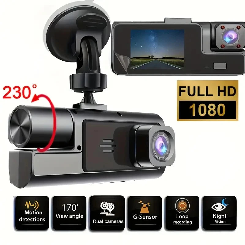 HD 1080P Car DVR Dash Cam with 3 Lens Wide Angle Night Vision G-Sensor Loop Recording for Front Inside and Rear Vehicle Camera
