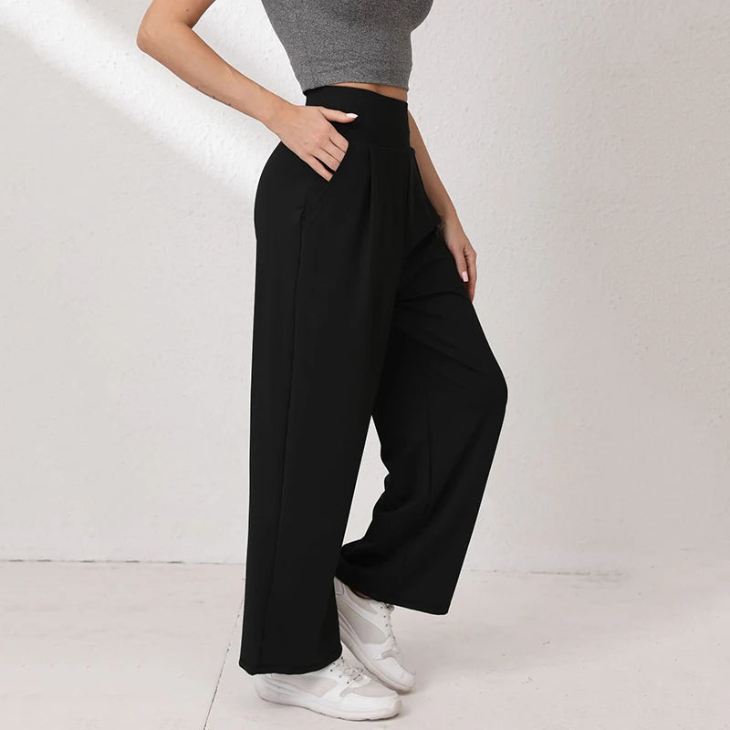 Women's High Waisted Sports Pants with Side Pockets Solid Color Wide Leg Yoga Pants Woman Body Hugging Straight Leg Trousers