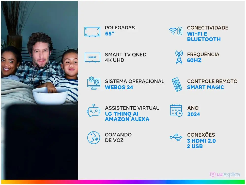 Smart TV 65 "4K QNED LG 65QNED80TSA WebOS 24 Processor α5 Ger7 Wi-Fi Bluetooth with Alexa Chromecast 3 HDMI 2 USB