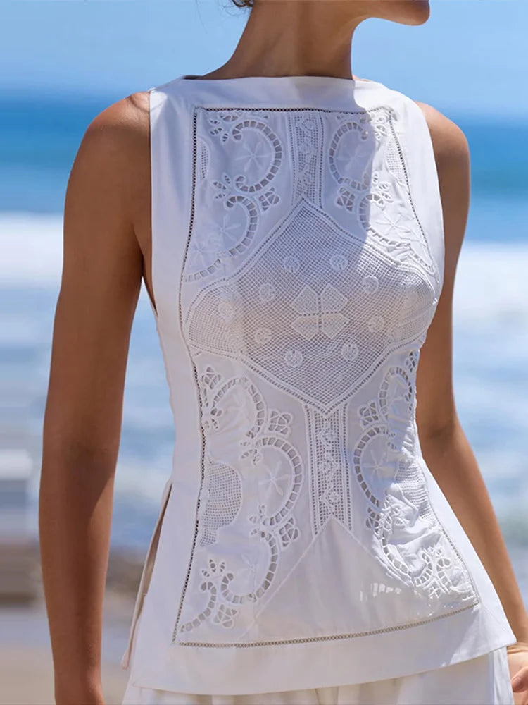 Fashion Openwork Embroidery Solid Women's Top Sleeveless Waist Cinching Tops Chic 2026 Summer New High Street Wear Lady Clothing