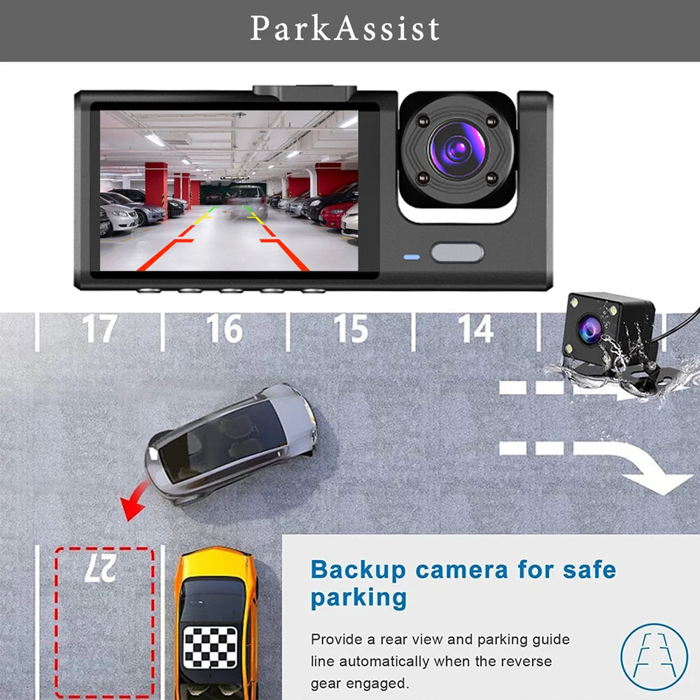 3 Channel Dash Cam HD 1080P 3-Lens Inside Vehicle  Car DVR Three Way Camera DVRs Recorder Video Registrator Dashcam Camcorder