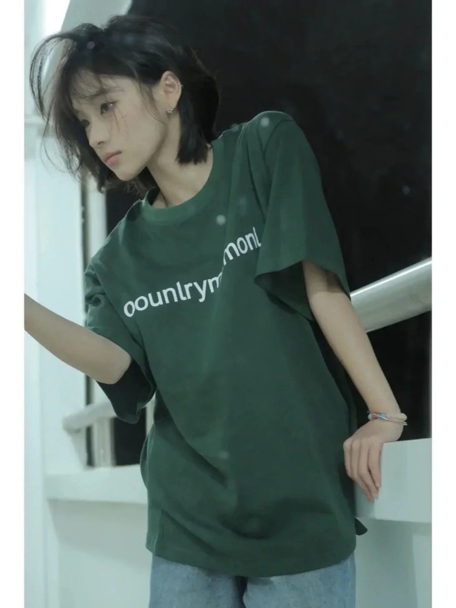 Loose Fit Women's Cotton T-Shirt Short Sleeve Green Color Casual Style round Neck Design Breathable Comfortable Summer Top