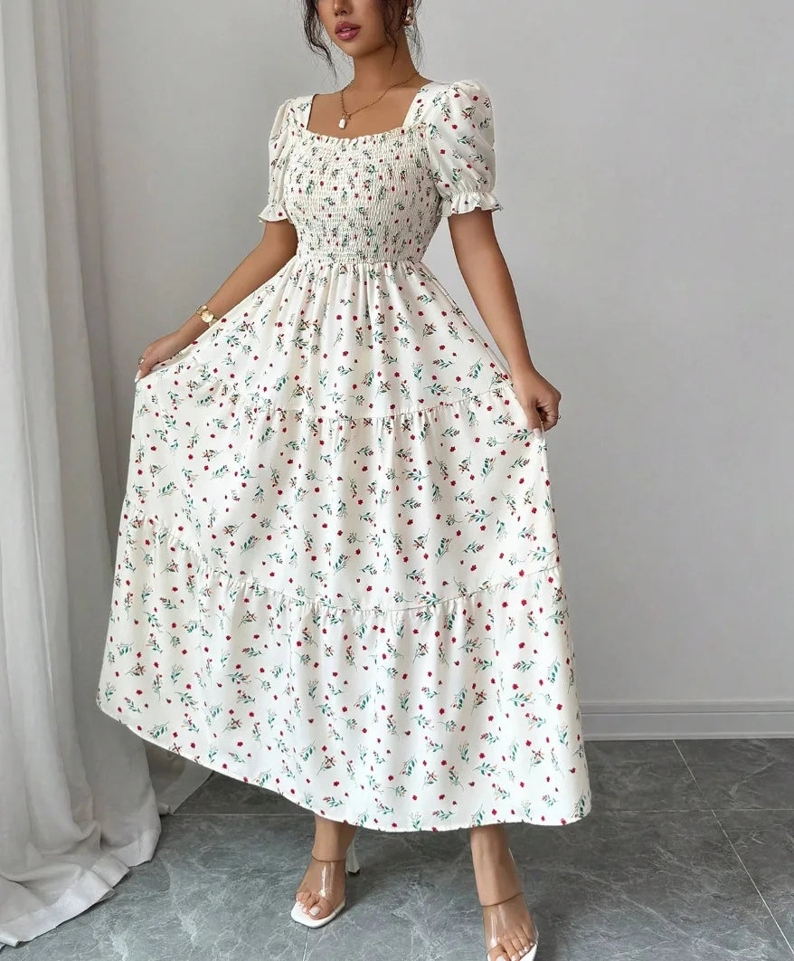 Spring and Autumn Women's Square Neck Short Sleeve Long Skirt Fresh Printed Casual Fashion Slight Backless Temperament Dress
