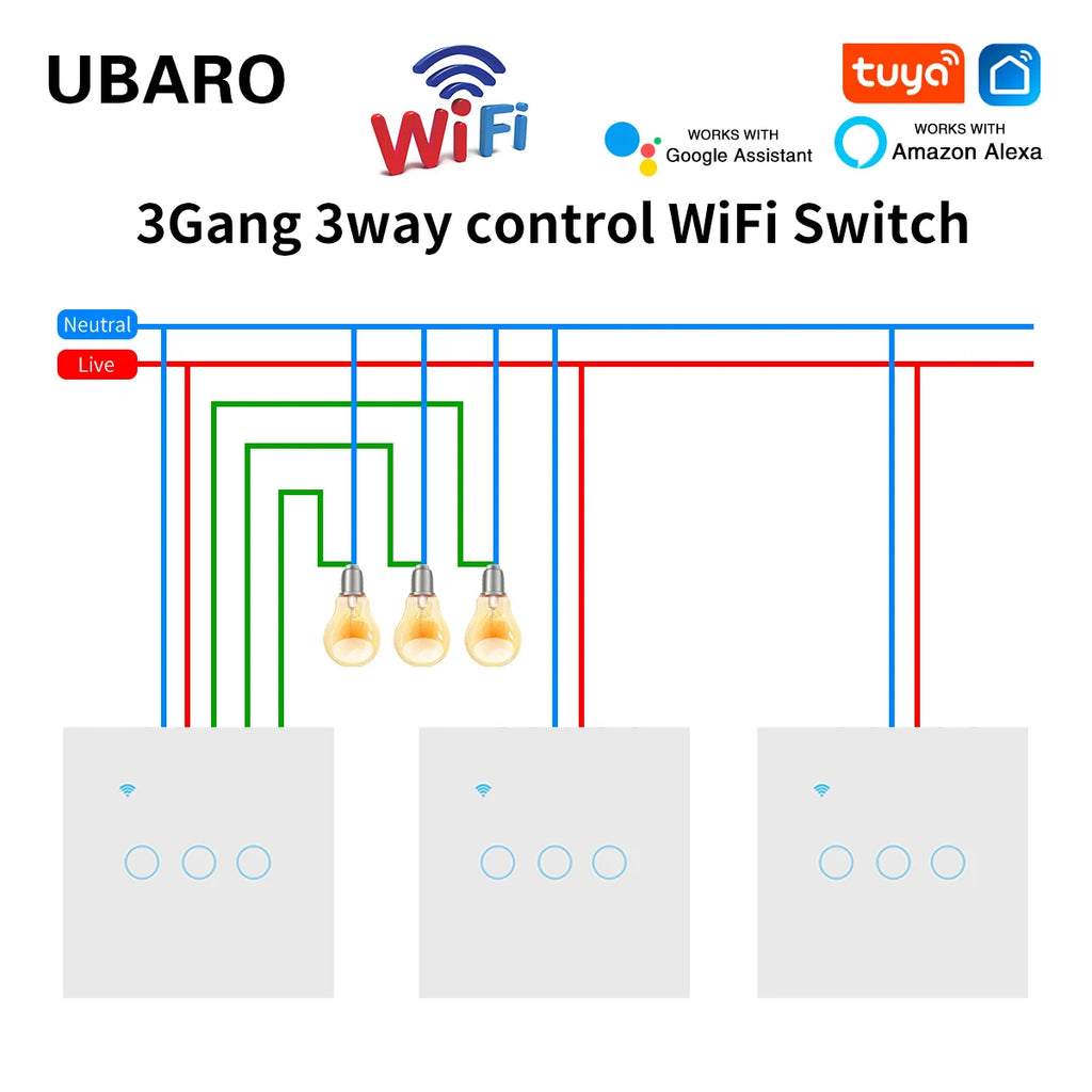 UBARO EU Standard 2 Way Wifi Smart Wall Switch Multi Control Voice Timer Sharing Function Works With Tuya App Home Improvemet
