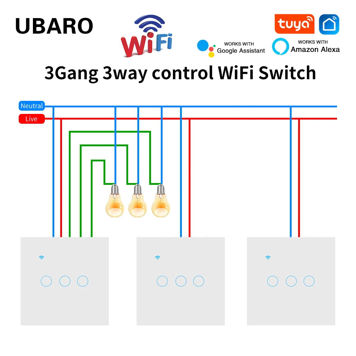 UBARO EU Standard 2 Way Wifi Smart Wall Switch Multi Control Voice Timer Sharing Function Works With Tuya App Home Improvemet