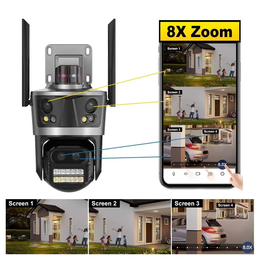 WiFi Surveillance Camera Four Lens Four Screen 8K 16MP IP Camera 8X Optical Zoom Auto Tracking CCTV Alexa ICsee New Security Cam