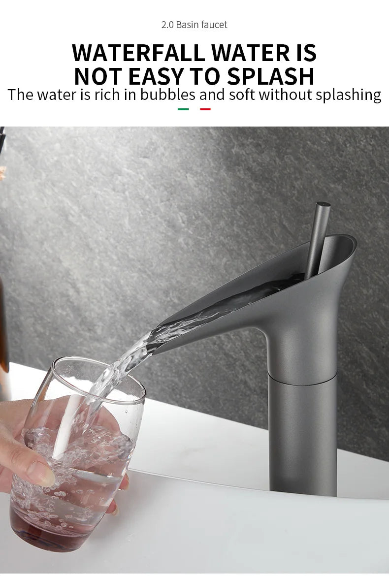 Bathroom Basin Faucet Sink Mixer Gun Grey Color Hot Cold Water Mixer Deak Mounted Waterfall Style Copper Sink Taps FR651