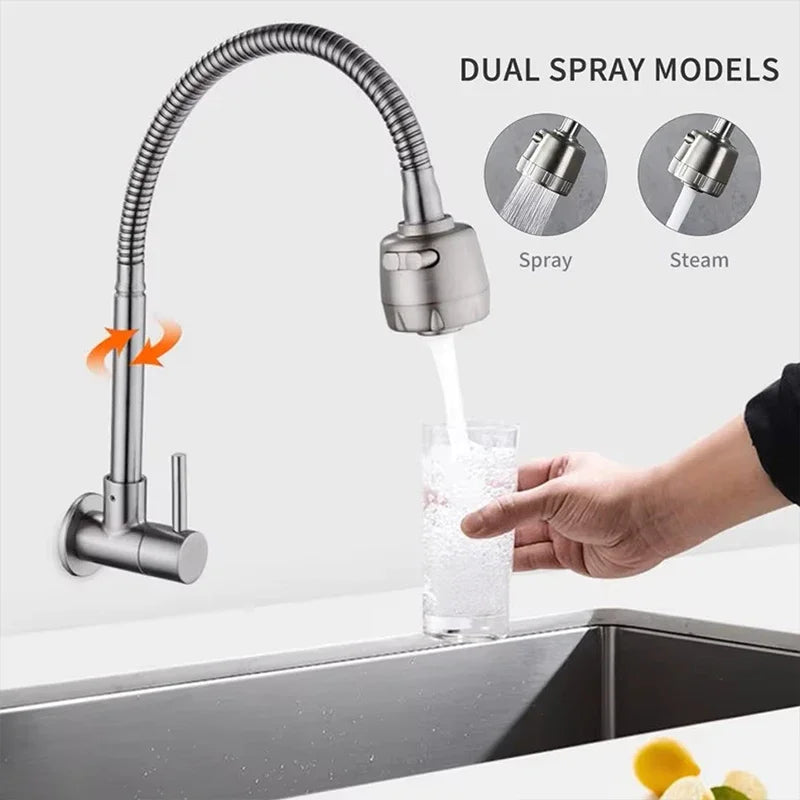 Wall Mounted Stainless Steel Single Cold Water Faucet Universal Rotation for Garden Balcony Washbasin Mop Pool Outdoor Use