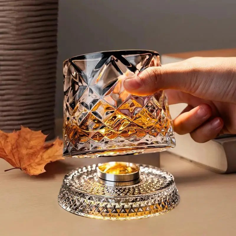 2026 Crystal Whiskey Glasses Rotating 360 Degrees Whisky Glass with Glass Base for Cocktail Party Drinking