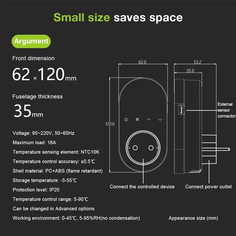 Tuya WiFi Smart Thermostat Socket APP Control Temperature Controller 16A 220V Digital Thermostat Switch EU Plug for Household