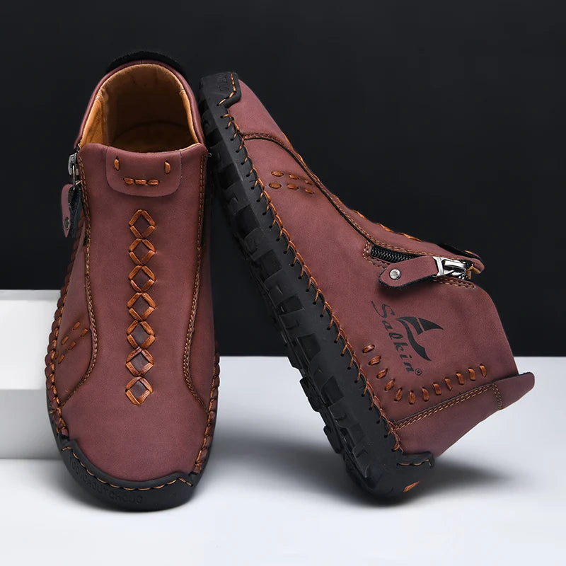 Handmade Leather Casual Shoes For Men Sneakers Men Flat Footwear Zipper Leather Boots Men Ankle Plus Size 39-48
