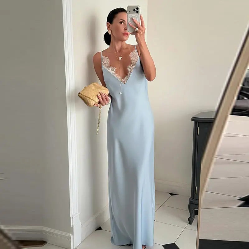 Elegant Women's Stain Lace Sling Long Dress Loose Sleeveless V-neck Backless Solid Dresses 2026 Spring Summer Lady Party Robes