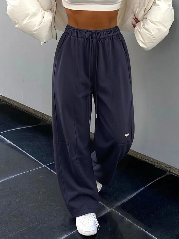 Blue Straight Pants For Women Elastic Wiast Jogger Quick-dry Sweatpants Baggy Embroidery Trousers Ladies Wide Leg Sport Pants