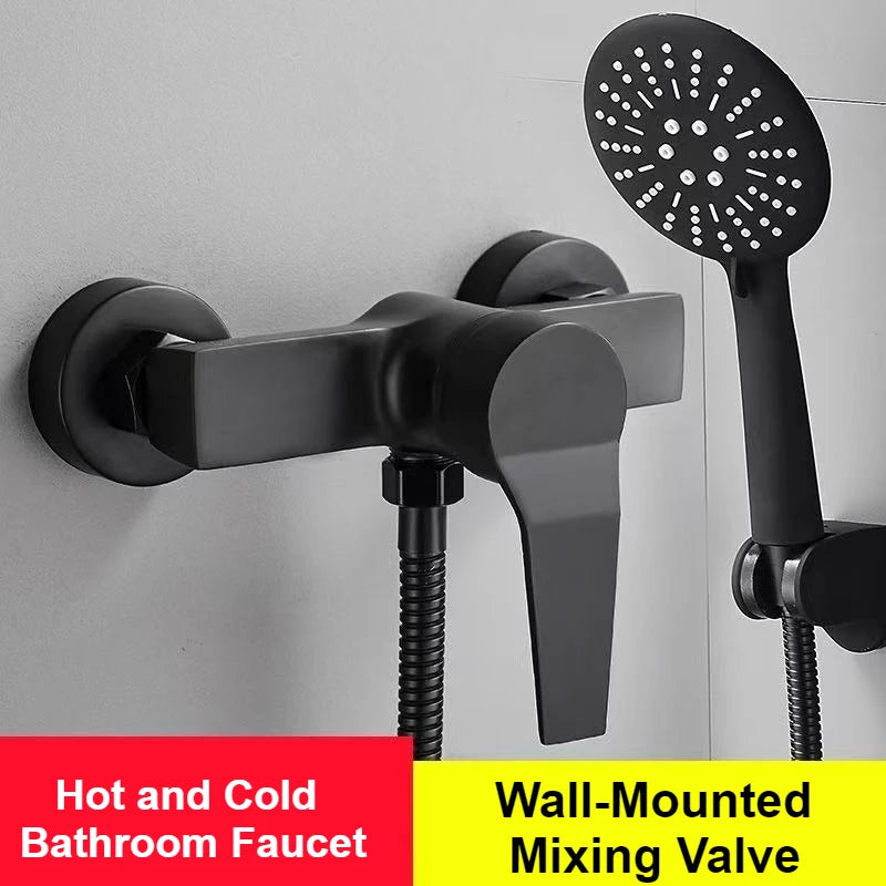 Black Wall-Mounted Shower Mixer Faucet - Single Handle Hot/Cold Water Control Valve for Household Bathroom Accessories