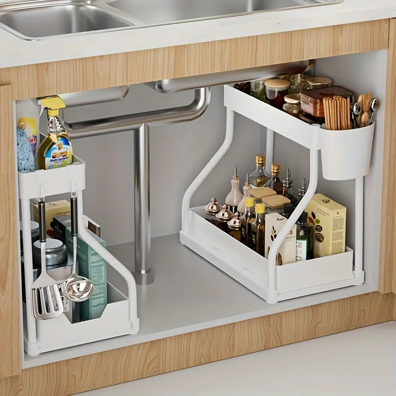 1Set Double Layer Storage Rack,Pull-out Storage Box, Cabinet Sink for Organizing and Organizing Storage Racks  Kitchen Organizer