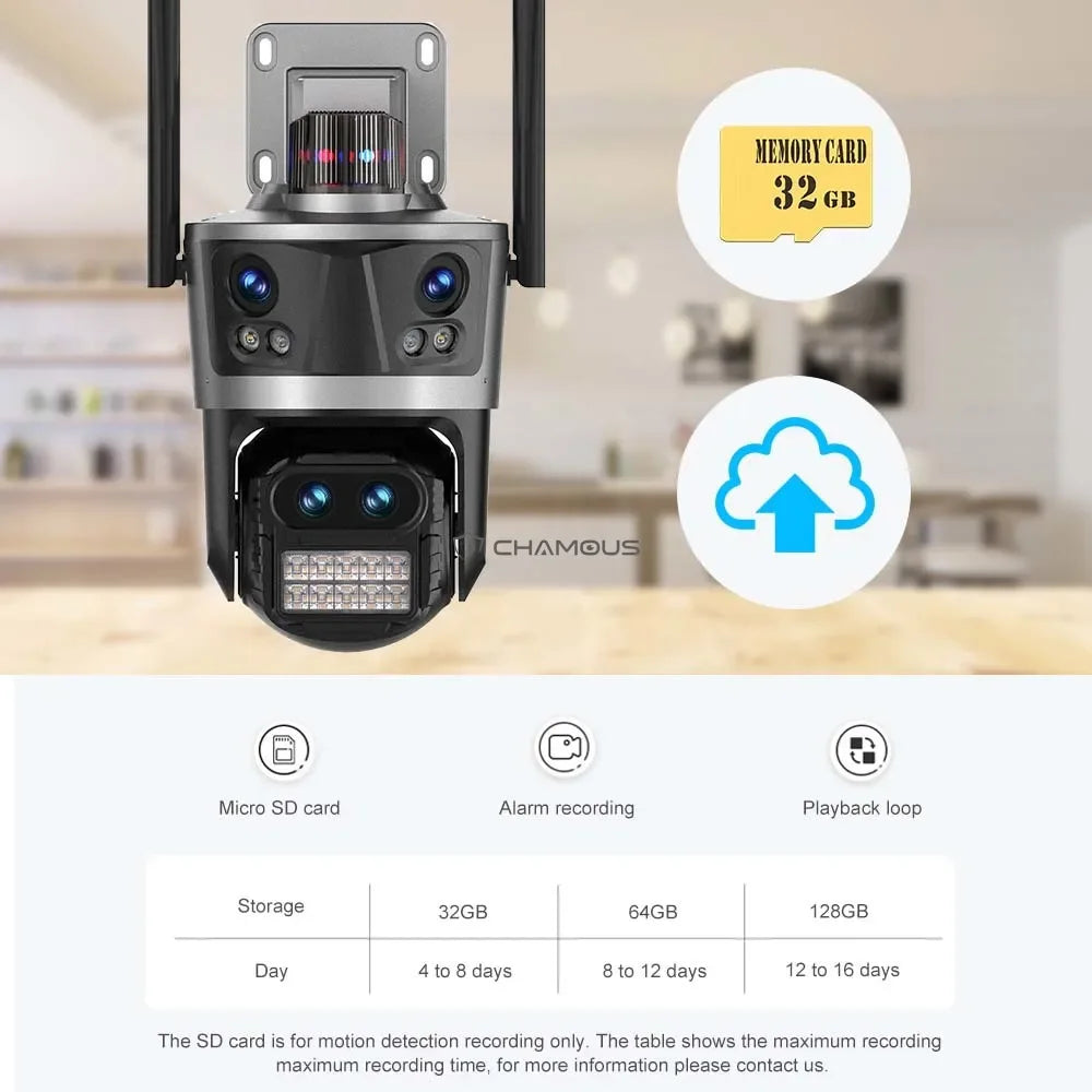 WiFi Surveillance Camera Four Lens Four Screen 8K 16MP IP Camera 8X Optical Zoom Auto Tracking CCTV Alexa ICsee New Security Cam
