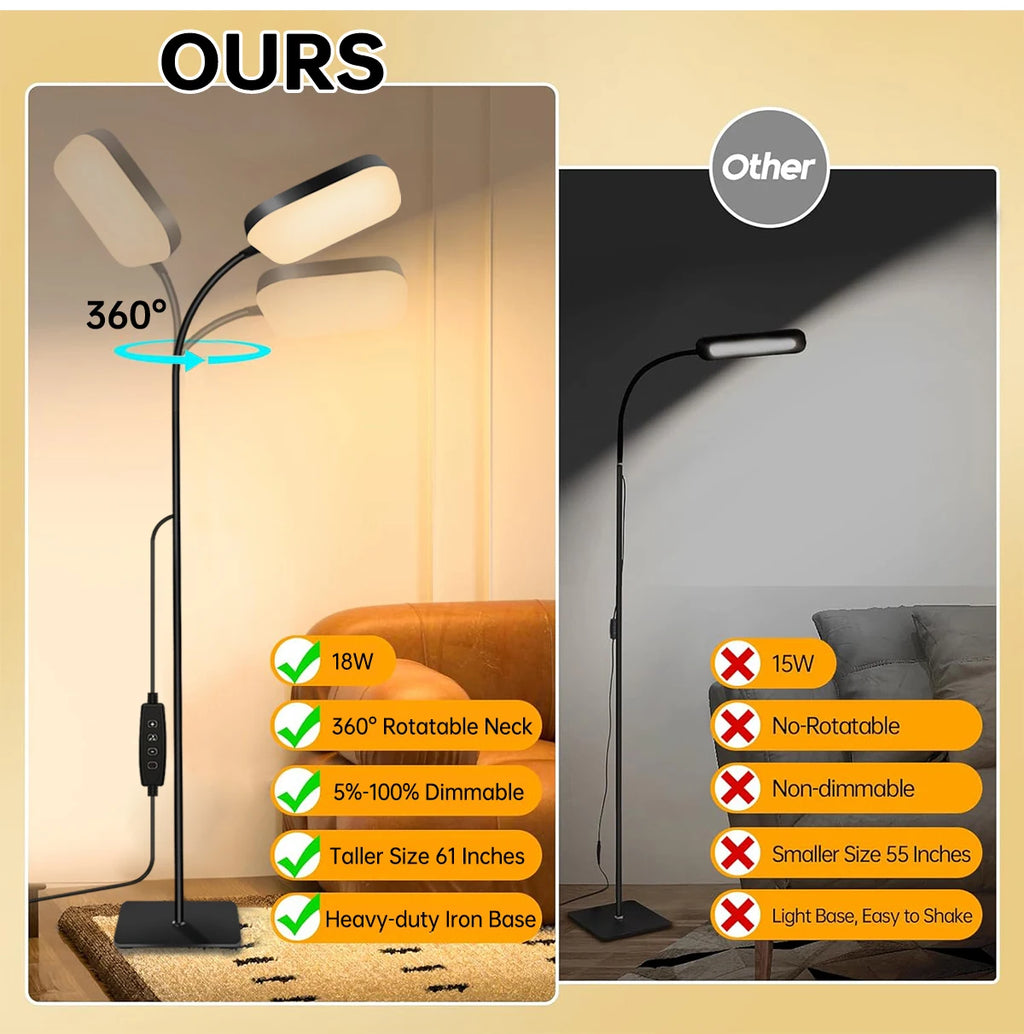 Modern LED Floor Lamp Bright 18W Sofa Reading Lamps for Lash Extensions Dimmable Modern Standing Light Adjustable Gooseneck