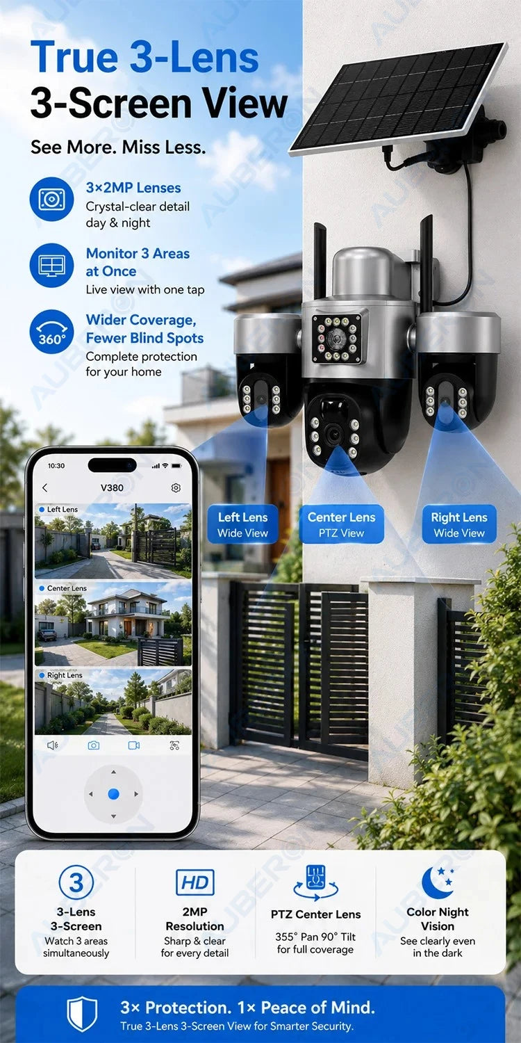 Solar 4G Security Camera 3 Lens 3 Screen Outdoor V380 APP 6MP PTZ PIR Full Color Night Vision IP66 Waterproof Battery Cam System