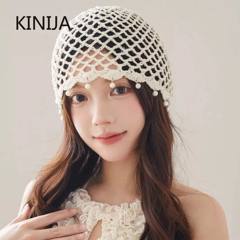 Fashion Hollowed Out Woven Pullover Hats Crochet Breathable Beret Cap Pearl Fringed Retro Beanies Cap for Women Summer Korean