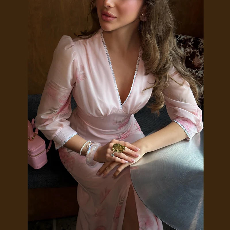 Elegant Print Women Long Dress Chic Ruffle Pleated Short Sleeve V-neck Waist-Closed Female Dresses 2026 Summer Beach Lady Robe