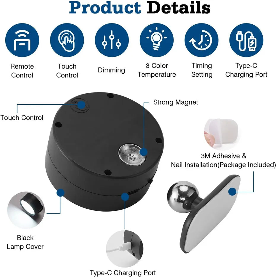 LED Wall Sconces light, 3 Brightness Levels 3 Color Modes Wall Lights Battery Operated 360° Rotatable Touch Control Wall lamp