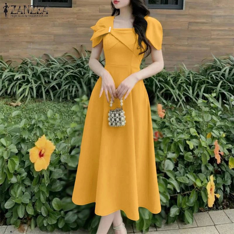 ZANZEA Elegant Chic Women A-Line Dresses Summer Fashion Square Neck Short Sleeve High Waisted Midi Robes Femme Office Vestidos