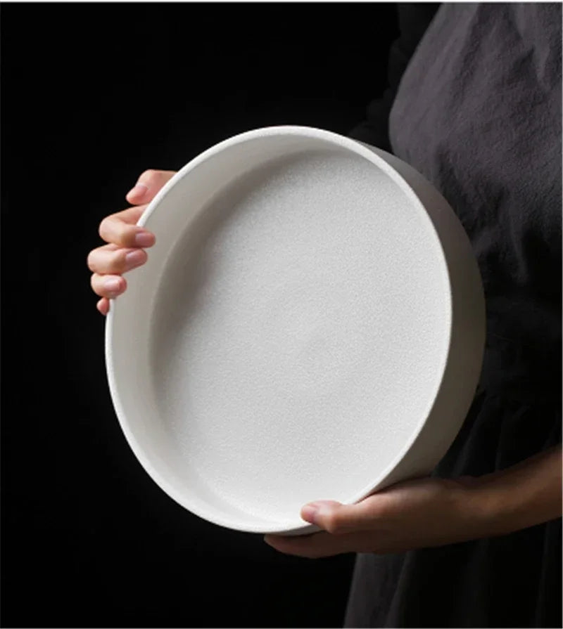 Simple black and white deep plate soup plate Western dish round dish salad plate frosted ceramic large baked household